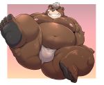  12beat13 2020 anthro ashigara asian_clothing belly blush bodily_fluids brown_body brown_fur bulge butt clothing east_asian_clothing eyes_closed feet fundoshi fur hi_res humanoid_hands japanese_clothing kemono male mammal moobs navel nipples overweight overweight_male simple_background solo sweat tokyo_afterschool_summoners underwear ursid video_games 
