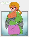  2019 anthro arms_crossed_under_breasts avian beak belt bird blonde_hair blue_eyes blush bottomwear breasts clothed clothing embarrassed english_text eyebrows eyelashes feathers female fluxwise green_body green_feathers hair hi_res lovebird navel nipples parrot partially_clothed ponytail purple_clothing signature simple_background skirt solo speech_bubble text topless true_parrot wings 