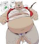  anthro belly big_belly blush canid canine canis clothed clothing eye_scar eyes_closed food fur grin group holding_food holding_object iwano male mammal moobs navel obese obese_male open_mouth open_smile overweight overweight_male scar smile solo_focus surprise tan_body tan_fur tight_clothing torn_clothing weight_gain wolf 