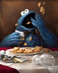  2019 anthro beverage blue_body blue_fur bow_tie broken_cup broken_glass brown_background candle cloth cookie cookie_monster date eating food fur furniture hi_res male messy monster open_mouth plate portrait sesame_street simple_background sitting solo spill table tablecloth tamiwicinas wax wine_glass 