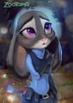  2016 absurd_res adry53 anthro belt blurred_background clothed clothing disney ears_down fully_clothed fur grey_body grey_fur hi_res judy_hopps lagomorph leporid mammal pink_nose pivoted_ears purple_eyes rabbit solo zootopia 