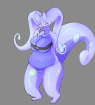  2020 anthro belt big_breasts black_belt breasts digital_media_(artwork) dragon female genitals goodra happy hi_res izzy looking_at_viewer nintendo nipples nude pok&eacute;mon pok&eacute;mon_(species) pussy restrained shaded simple_background sinnamon_roll smile standing thick_thighs video_games 