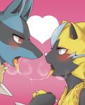  &lt;3 &lt;3_eyes 2020 absurd_res after_kiss blue_body blue_fur blush bodily_fluids drooling duo fur hi_res kissing legendary_pok&eacute;mon lucario mammal nintendo nohtuy18 open_mouth pok&eacute;mon pok&eacute;mon_(species) saliva saliva_on_tongue saliva_string sharp_teeth teeth tongue tongue_out video_games yellow_body yellow_fur zeraora 