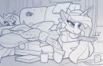  2020 arachnid arthropod clothing controller equid friendship_is_magic greyscale hi_res horn lying mammal monochrome my_little_pony pajamas princess_celestia_(mlp) princess_luna_(mlp) remote_control sketch spider toothpick tv_remote winged_unicorn wings yakovlev-vad 