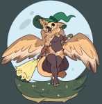  anthro avian bare_shoulders bird broom chatterbot clothing costume feathered_wings feathers female fluffy gryphon halloween hat headgear headwear holidays legwear magic_user moon mythological_avian mythology owl solo sona_(noxiis) thigh_highs wings witch 