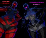  2019 3d_(artwork) alternate_color breasts caption dialogue digital_media_(artwork) duo english_text female female/female genitals glowing glowing_eyes hands_on_hips hi_res humanoid looking_at_viewer machine navel neya nipples not_furry nude pinkmoth pussy robot simple_background talking_to_viewer text 