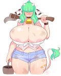  animal_humanoid areola areola_slip bandage big_breasts blush bodily_fluids bottomwear bovid bovid_humanoid bovine bovine_humanoid breasts bucket cattle_humanoid cleavage clothed clothing cowbell dirt dirty farmer female green_hair hair hair_over_eyes hi_res huge_breasts humanoid mammal mammal_humanoid nipple_slip nipples shorts solo sweat theycallhimcake tools wide_hips working 