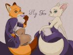  2020 anthro arctic_fox blue_eyes blush canid canine clothed clothing dipstick_tail disney dress duo eating food fox fully_clothed fur green_eyes holding_food holding_object inner_ear_fluff mammal memegmu multicolored_tail nick_wilde red_fox simple_background skye_(zootopia) tuft white_body white_fur zootopia 