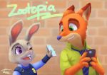  2016 anthro brick_wall buckteeth canid canine cellphone clothed clothing dipstick_ears disney duo fox fultemounte fur green_eyes grey_body grey_fur hi_res holding_cellphone holding_object holding_phone judy_hopps lagomorph leporid mammal multicolored_ears necktie nick_wilde one_eye_closed open_mouth open_smile orange_body orange_fur phone police_uniform purple_eyes rabbit red_fox shirt smile teeth topwear uniform wink zootopia 