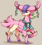  2016 ambiguous_gender blue_eyes brooch brown_background cerise_de_estienne cervid cervine crescent_moon fan_character female_(lore) feral fur hooves horn horn_ornament horn_ring iveechan jewelry leg_tuft legendary_pok&eacute;mon mammal moon nintendo pink_body pink_fur pok&eacute;mon pok&eacute;mon_(species) quadruped scarf shadow shiny_pok&eacute;mon simple_background solo tales_of_tabira tan_body tan_fur tuft video_games 