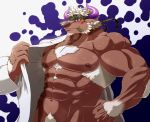  2_horns abs anthro areola biceps blush bovid bovine broken_(artist) brown_areola brown_nipples cattle clothing hi_res horn looking_at_viewer male mammal muscular muscular_male navel nipples pecs pubes purple_horn shennong solo tokyo_afterschool_summoners video_games 