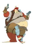  accessory anthro armor balancing_on_tail belly big_belly clothed clothing dual_wielding fur gloves grin handwear headband hi_res holding_gun holding_object holding_weapon kangaroo macropod male mammal marsupial moobs navel obese obese_male overweight overweight_male red_body red_fur s-man simple_background smile solo spiked_armor spikes thick_tail thick_thighs torn_clothing weapon white_background 