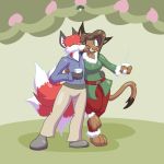  anthro brown_body brown_fur brown_hair canid canine christmas clothed clothing duo felid feline female fox fur hair hi_res holidays male male/female mammal multi_tail plant red_body red_fur smile tempestryder 