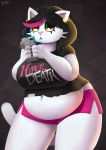  2018 4_fingers anthro backlighting belly belly_overhang big_belly big_breasts black_clothing black_eyeshadow black_hair black_shirt black_topwear bottomwear breasts catti_(deltarune) cellphone clothed clothing curvy_figure deep_navel deltarune digital_media_(artwork) domestic_cat don_ko ear_piercing ear_ring english_text eyeshadow felid feline felis female fingers front_view fur gaster grainy hair half-closed_eyes hi_res highlights_(coloring) holding_object holding_phone light lighting looking_at_viewer makeup mammal mascara mew_mew_(undertale) mew_mew_kissy_cutie midriff narrowed_eyes navel open_mouth overweight overweight_female phone piercing pink_bottomwear pink_clothing pink_highlights pink_nose pink_shorts portrait shirt shorts solo text thick_thighs three-quarter_portrait topwear undertale video_games voluptuous white_body white_fur wide_hips yellow_sclera 