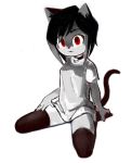  2019 animal_humanoid bell black_hair clothing collar digital_media_(artwork) felid felid_humanoid feline feline_humanoid female gaturo hair hi_res humanoid legwear mammal mammal_humanoid marie_(gaturo) red_eyes shirt simple_background sitting solo t-shirt thigh_highs topwear white_background 