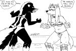  2019 anthro bikini canid canine canis clothing dialogue duo english_text female fighting_pose frown fur hair mammal mephitid midriff mud mud_wrestling navel pose skunk striped_skunk swimwear tegerio text the_duchess_(tegerio) whiskers wolf wrestling zandar&#039;s_saga 