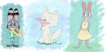  2020 anthro appleseed_(artist) arctic_fox barefoot bottomwear canid canine clothed clothing disney ear_markings eyewear facial_markings flower fox fully_clothed fur glasses head_markings hi_res holding_object inner_ear_fluff jack_savage lagomorph leporid mammal markings nude plant rabbit shirt shorts simple_background skye_(zootopia) standing t-shirt topwear tuft violet_hopps white_body white_fur zootopia 