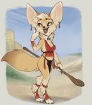  anthro bracelet brown_eyes canid canine clothed clothing ear_piercing fangs female fennec fox fur hi_res jewelry loincloth mammal necklace open_mouth outside piercing reign-2004 sky solo spats staff tan_body tan_fur teeth 