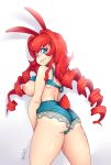  2018 animal_humanoid big_breasts bikini blue_eyes breasts buckteeth bunny_ears_(disambiguation) butt clothed clothing collette_(krakenparty) eyebrows female fluffy fluffy_ears hair hi_res huge_breasts humanoid krakenparty lagomorph lagomorph_humanoid leporid_humanoid long_hair looking_at_viewer looking_back mammal mammal_humanoid nipples not_furry p9resenting presenting presenting_hindquarters rabbit_humanoid red_hair signature simple_background solo swimwear teeth traditional_media_(artwork) 