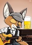  alcohol bad_guy_cafe bar beer beverage brown_body brown_fur canid canine clothing fennec fox fur guitar guitarist hat headgear headwear male mammal michael_kittson musical_instrument plucked_string_instrument smile string_instrument ziegelzeig 