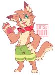  2018 4_fingers 4_toes anthro arm_tuft barefoot belly_tuft biped blep bottomwear brown_body brown_fur catsudon catsudon_(character) cheek_tuft claws clothed clothing collar digital_drawing_(artwork) digital_media_(artwork) digitigrade domestic_cat facial_tuft feet felid feline felis fingers fluffy fluffy_tail front_view fur gesture green_bottomwear green_clothing green_eyes green_pants green_shorts hand_on_hip head_tuft inner_ear_fluff looking_at_viewer male mammal multicolored_body multicolored_fur neck_tuft pants pink_text red_collar shorts simple_background smile solo standing tan_body tan_fur text three-quarter_view toes tongue tongue_out topless tuft watermark waving white_background 