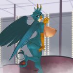  anthro avian big_breasts big_butt breasts butt clothed clothing crossgender female gallus_(mlp) gryphon huge_breasts kevinsano looking_back mtf_crossgender my_little_pony mythological_avian mythology solo thong topless underwear 