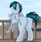  absurd_res big_butt bottomless butt cigarette clothed clothing cutie_mark delta_vee dialogue english_text equid equine female feral hi_res hooves looking_back mammal mature_female my_little_pony pencil_bolt pterippus smoking solo text wings 