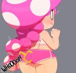  big_butt blush breasts butt clothed clothing english_text female grey_background hair hi_res humanoid key mammal mario_bros nintendo not_furry pink_hair simple_background solo somescrub standing surprise text thick_thighs toad_(mario) toadette video_games wide_hips 