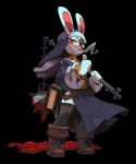  5_fingers anthro bible black_background blood bodily_fluids boots cigarette clothed clothing female fingers footwear fur half-closed_eyes lagomorph leporid looking_at_viewer looking_down mace mammal melee_weapon narrowed_eyes nikingply nun rabbit red_eyes simple_background smoke smoking weapon white_body white_fur 