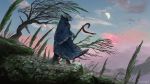  2020 anthro barefoot cloak clothed clothing cloud day detailed_background digital_media_(artwork) dragon fully_clothed grass grey_body grey_scales hi_res hindpaw holding_object holding_staff horn landscape male moon moss mountain nature outside paws scales scalie scenic_view side_view sky solo staff standing themefinland tree wind 