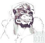  2017 anthro beard biped black_beard bust_portrait candy candy_cane catsudon cheek_tuft christmas clothed clothing costume digital_drawing_(artwork) digital_media_(artwork) facial_hair facial_markings facial_tuft felid food front_view fur fur_markings grey_text greyscale grin half-closed_eyes hat head_markings head_tuft headgear headwear holidays looking_at_viewer male mammal markings monochrome narrowed_eyes pantherine portrait santa_costume santa_hat simple_background sketch smile solo standing suggestive teeth tiger tuft watermark white_background yakitora_(catsudon) 