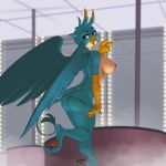  anthro avian big_breasts big_butt breasts butt clothed clothing crossgender female friendship_is_magic gallus_(mlp) gryphon kevinsano looking_back mtf_crossgender my_little_pony mythological_avian mythology solo thong topless underwear 
