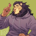  2019 5_fingers anthro athletic black_claws black_mane catsudon claws clothed clothing digital_drawing_(artwork) digital_media_(artwork) eyebrows felid fingers front_view fur gesture green_background grey_clothing grey_text grey_topwear half-closed_eyes half-length_portrait hoodie james_(elaz) lion looking_at_viewer male mammal mane narrowed_eyes neck_tuft pantherine pink_nose portrait simple_background smile solo standing tan_body tan_fur text topwear tuft watermark yellow_eyes 