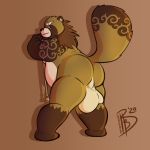  2020 anthro backsack balls belly bibbidy big_balls brown_background brown_body brown_fur butt canid canine fur genitals gyobu hi_res looking_back male mammal nude presenting presenting_hindquarters raccoon_dog scar signature simple_background slightly_chubby smile solo tanuki tattoo tokyo_afterschool_summoners video_games 