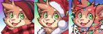  2019 anthro blue_background brown_body brown_fur catsudon catsudon_(character) cheek_tuft christmas christmas_lights clothed clothing countershade_torso countershading domestic_cat eyebrows facial_tuft fangs felid feline felis front_view fur gradient_background green_background green_eyes grey_text happy hat head_tuft headgear headshot_portrait headwear holidays icon inner_ear_fluff looking_at_viewer male mammal mostly_nude multicolored_body multicolored_fur multiple_images open_mouth open_smile pink_nose portrait purple_background red_clothing red_hat red_headwear red_topwear scarf simple_background smile solo tan_body tan_countershading tan_fur text tongue topwear tuft two_tone_body two_tone_fur watermark 