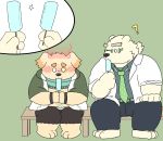  2020 ? anthro belly bottomwear canid canine canis clothing cu_sith_(tas) domestic_dog duo food hi_res hon55728 kemono leib_(tas) male mammal necktie overweight overweight_male pants polar_bear popsicle scarf shirt shorts sitting tokyo_afterschool_summoners topwear ursid ursine video_games 