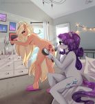  absurd_res anthro applejack_(mlp) bed big_breasts breasts brush casual_nudity chest_tuft convenient_censorship duo equid female friendship_is_magic furniture hairbrush hi_res horn mammal my_little_pony nude pillow rarity_(mlp) tuft unicorn xjenn9 