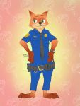  2016 amarimo anthro barefoot bottomwear brown_body brown_fur canid canine cheek_tuft clothed clothing dated disney facial_tuft fox fully_clothed fur green_eyes male mammal necktie nick_wilde orange_body orange_fur pants red_fox shirt signature solo standing topwear tuft zootopia 