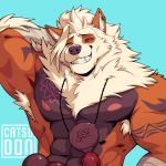  2019 abs anthro arcanine areola armpit_hair biceps biped black_body black_countershading black_fur black_markings black_nose black_sclera blue_background body_hair canid canine catsudon cheek_tuft chest_tuft countershade_torso countershading digital_drawing_(artwork) digital_media_(artwork) ear_piercing facial_tuft fan_character fangs fluffy front_view fur fur_markings grey_text half-length_portrait hand_behind_head laarx looking_at_viewer male mammal markings mostly_nude multicolored_body multicolored_fur muscular muscular_male neck_tuft nintendo one_eye_closed orange_body orange_fur pecs piercing pink_markings pok&eacute;mon pok&eacute;mon_(species) portrait red_eyes signature simple_background smile solo standing teeth text triceps tuft video_games watermark white_body white_fur 