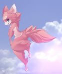  canid canine day detailed_background fur hi_res mammal open_mouth outside pink_body pink_fur rudragon sky smile teeth tongue 