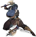  armguards axe belt big_breasts black_body black_hair black_skin boots bottomwear breasts cleavage clothed clothing dark_elf dual_wielding ear_piercing elf empty_eyes female footwear hair hi_res holding_object holding_weapon huge_breasts humanoid humanoid_pointy_ears melee_weapon not_furry pants piercing red_eyes short_hair space_zin weapon 