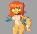 anthro breasts cartoon_network clothing cosma_(ok_k.o.!_lbh) eyeshadow featureless_breasts female genitals gloves hair handwear hi_res lizard makeup non-mammal_breasts ok_k.o.!_let&#039;s_be_heroes pussy red_hair reptile scalie solo stupidsmut tongue tongue_out yellow_sclera 