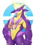  amped_toxtricity anthro hi_res male nintendo nude o-ro open_mouth pok&eacute;mon pok&eacute;mon_(species) portrait purple_body simple_background solo spikes three-quarter_portrait tongue tongue_out toxtricity video_games yellow_body 