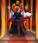  anthro book breasts butt canid canine canis chair clothing crossed_legs crown curvy_figure dark demon digital_media_(artwork) dress fangs female furniture hell hi_res horn lava lutrine magic mammal mustelid narikusha queen royalty sarah smile solo supernatural throne ursid wings wolf 