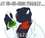  2020 4_fingers alpha_channel amphibian anthro blue_eyes clothing coat creativecreature156 e621 english_text female finally_upgrade fingers fire_belly_newt front_view hi_res holding_object humor japanese_fire_belly_newt kira_(kira) lab_coat looking_at_object meme newt salamander_(amphibian) simple_background solo text topwear transparent_background vial 