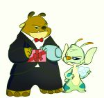  2020 3_toes 4_fingers absurd_res alien antennae_(anatomy) arm_markings black_tie_(suit) blue_eyes bonnie_(lilo_and_stitch) brown_nose clothed clothing clyde_(lilo_and_stitch) cybernetic_arm dipstick_antennae disney duo experiment_(lilo_and_stitch) eyebrows facial_markings fangs featureless_crotch fingers forehead_markings fur gift green_body green_fur head_markings head_tuft hi_res holidays leg_markings lilo_and_stitch looking_at_another markings multicolored_antennae nude raised_eyebrow simple_background size_difference smile smirk standing starryblast9 suit tan_body toes tuft valentine&#039;s_day white_background white_pupils 