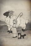  bovid canid canine canis caprine child clothed clothing domestic_dog feral grass holding_object holding_staff horn human mammal monochrome outside sakata_kei sheep smile staff standing young 