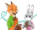  2020 candy canid canine cheek_tuft chocolate clothed clothing dipstick_ears disney eating english_text facial_tuft fangs food fox fur grey_body grey_fur holding_food holding_object inner_ear_fluff ja_tdr judy_hopps lagomorph leporid mammal multicolored_ears necktie nick_wilde open_mouth orange_body orange_fur purple_eyes rabbit red_fox shirt simple_background text topwear tuft white_background zootopia 