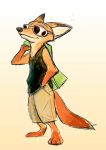  2017 amarimo anthro barefoot canid canine clothed clothing dated dipstick_ears disney eyewear fox fully_clothed fur gradient_background hi_res mammal multicolored_ears nick_wilde orange_body orange_fur red_fox shirt signature simple_background solo standing sunglasses tank_top topwear zootopia 