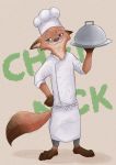  anthro barefoot brown_background brown_body brown_fur canid canine chef_hat clothed clothing disney english_text fox fully_clothed fur gloves_(marking) hat headgear headwear hi_res holding_object leg_markings mammal markings nick_wilde piberius_w red_fox simple_background socks_(marking) solo standing text zootopia 